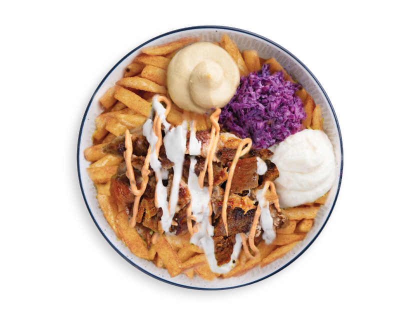 Chicken shawarma and gyro served over fries with spicy garlic, tzatziki, onions, tomatoes and lettuce