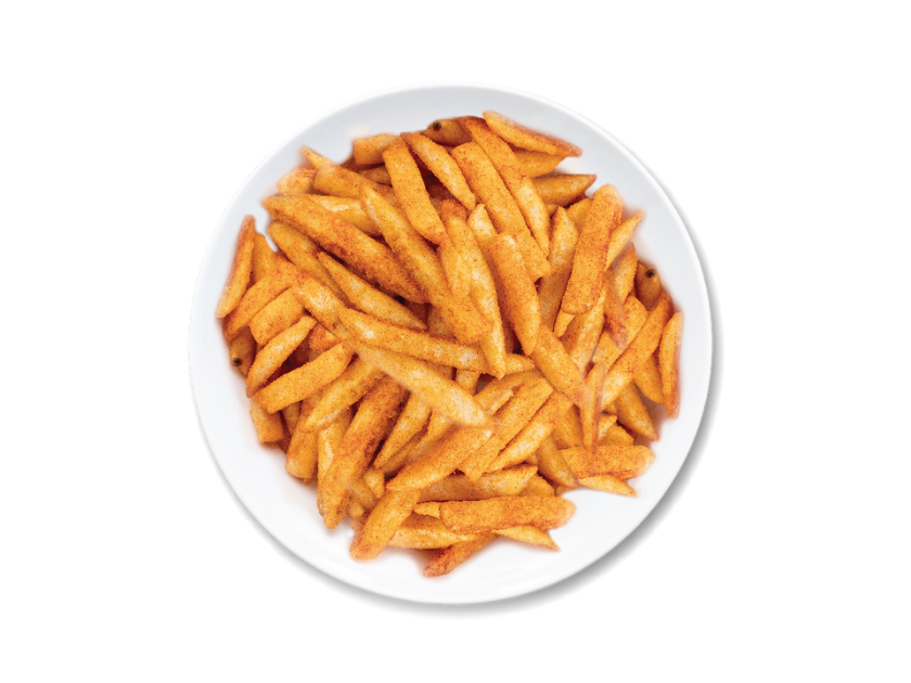 Fries topped with chipotle mango sauce