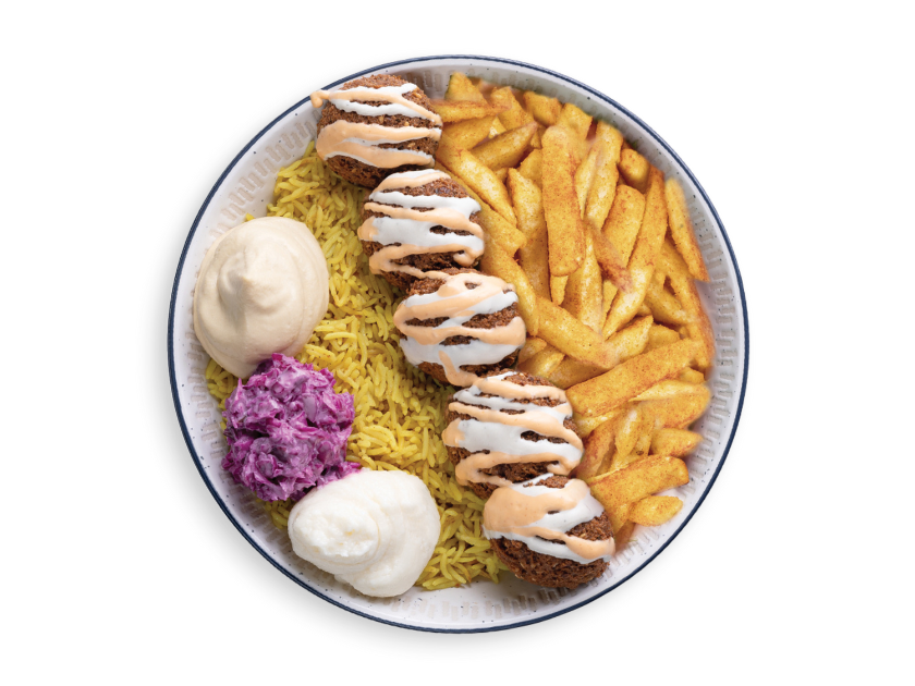 Falafel bowl with rice, fries or fattoush salad, turnips, hummus, tahini, parsley, tomatoes and lettuce