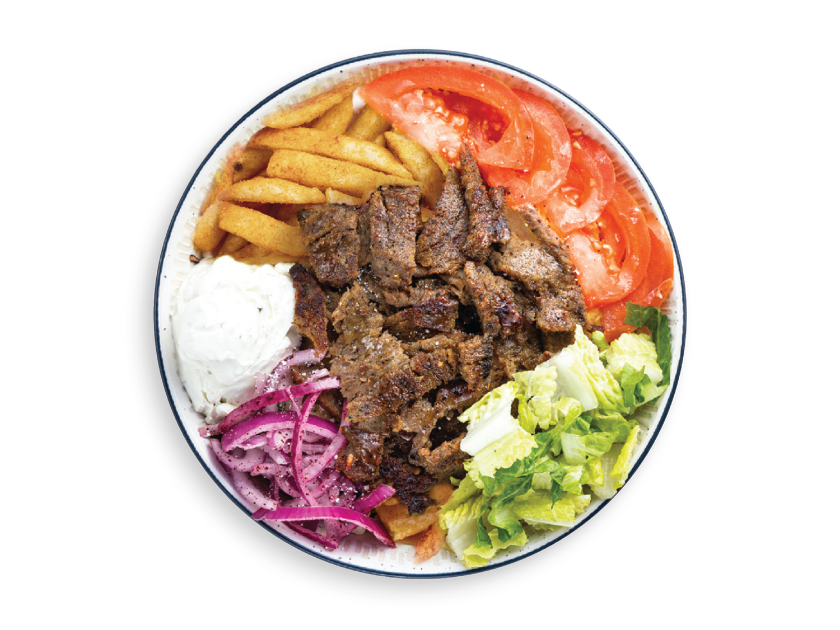 Beef and lamb gyro bowl with rice, fries or fattoush salad, spicy garlic, tzatziki, onions, tomatoes and lettuce